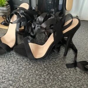 Boohoo Black Satin Lace-Up Heels